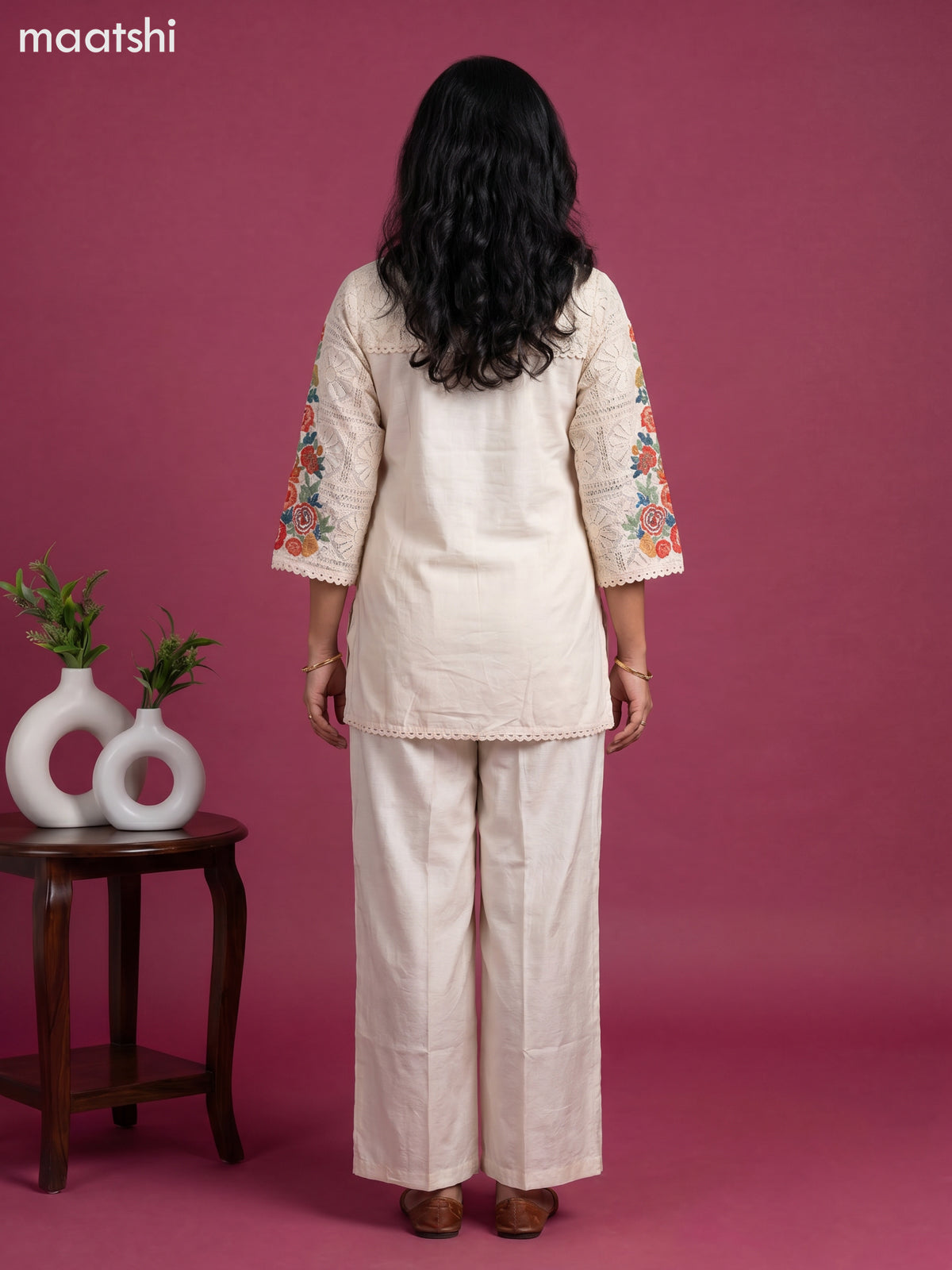 Off White Rayon Embroidery Work Short Co-Ord Set