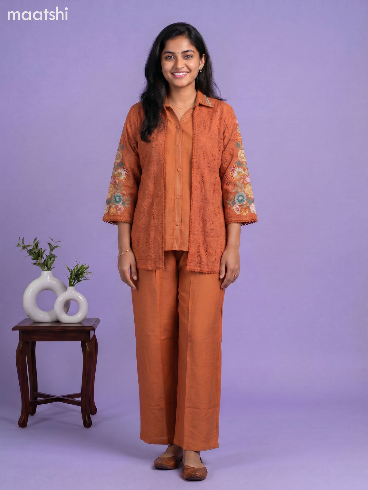 Rust Rayon Embroidery Work Short Co-Ord Set