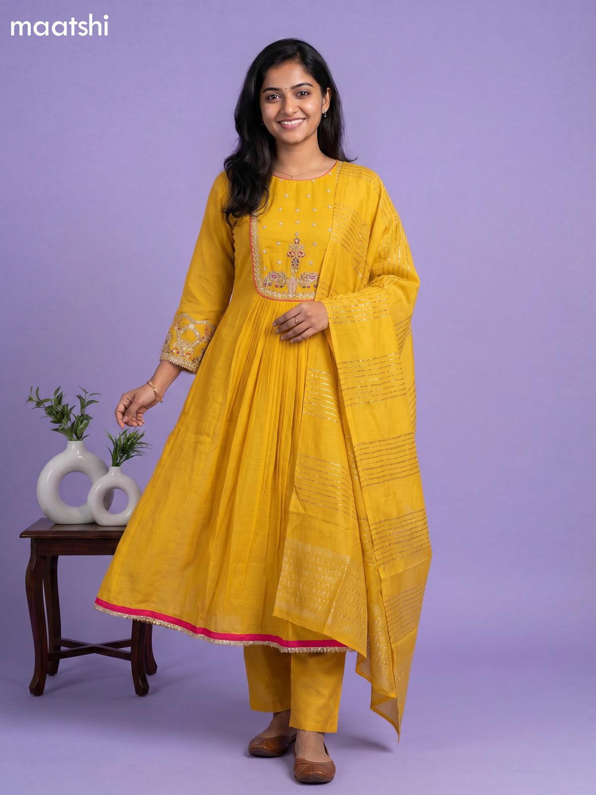 Mango Yellow Mul Chanderi Embroidery Work Anarkali Suit