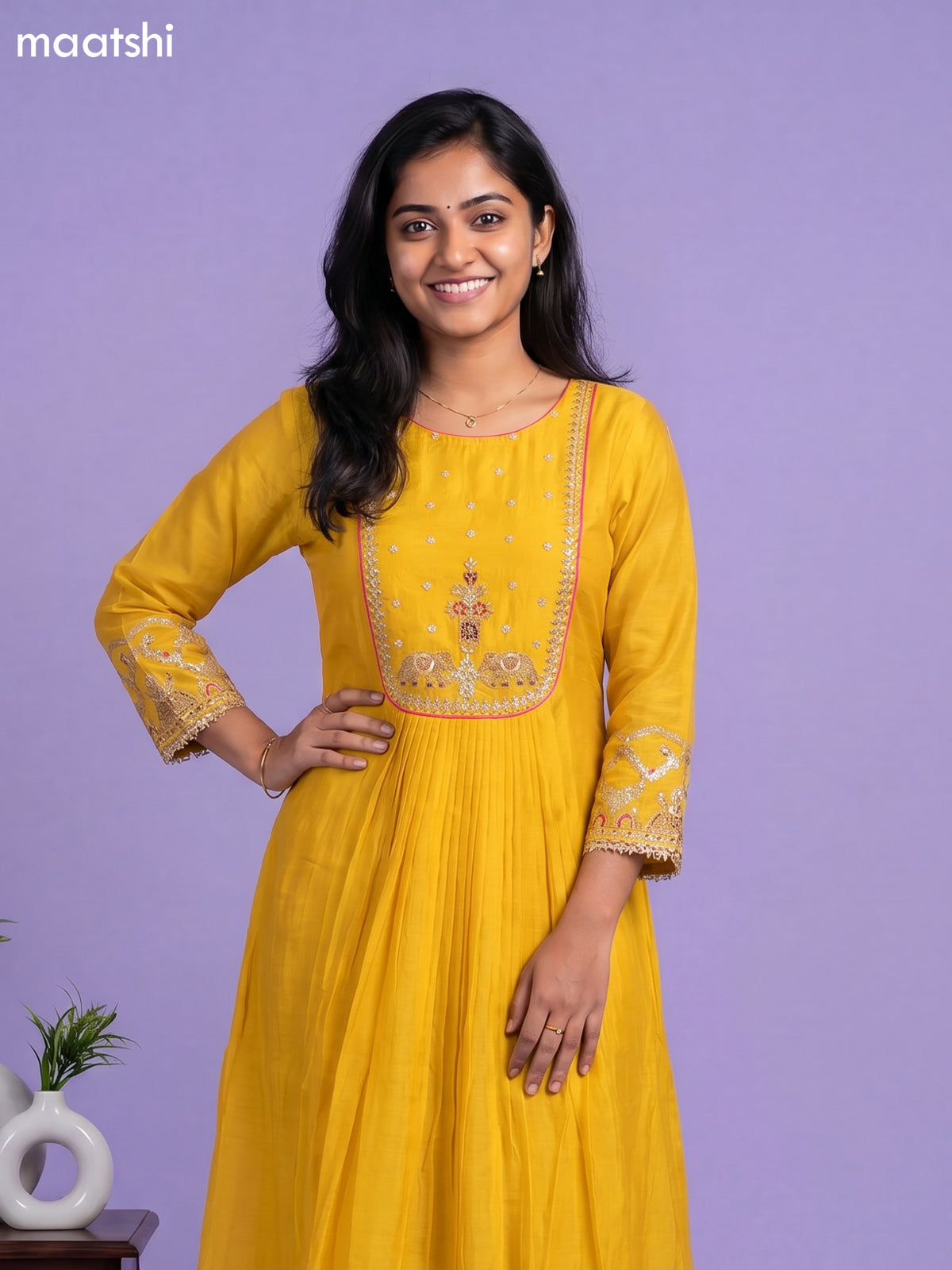 Mango Yellow Mul Chanderi Embroidery Work Anarkali Suit