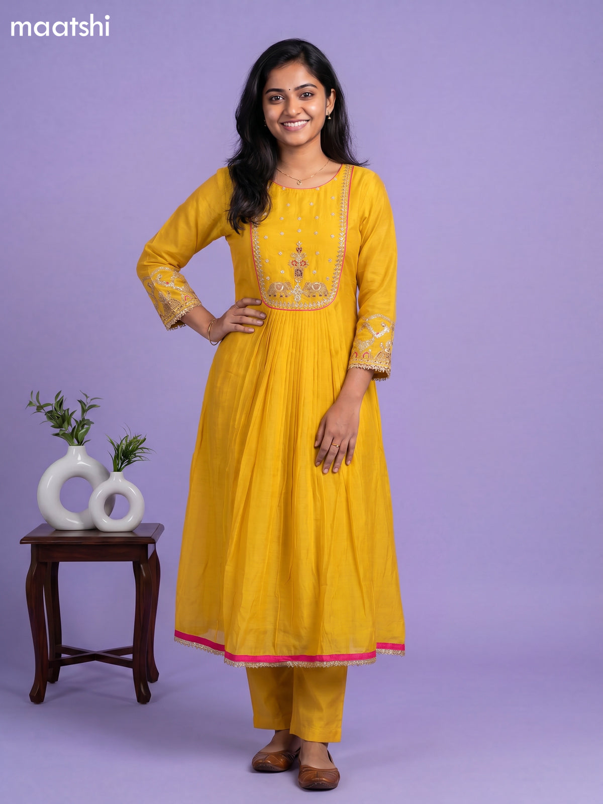 Mango Yellow Mul Chanderi Embroidery Work Anarkali Suit