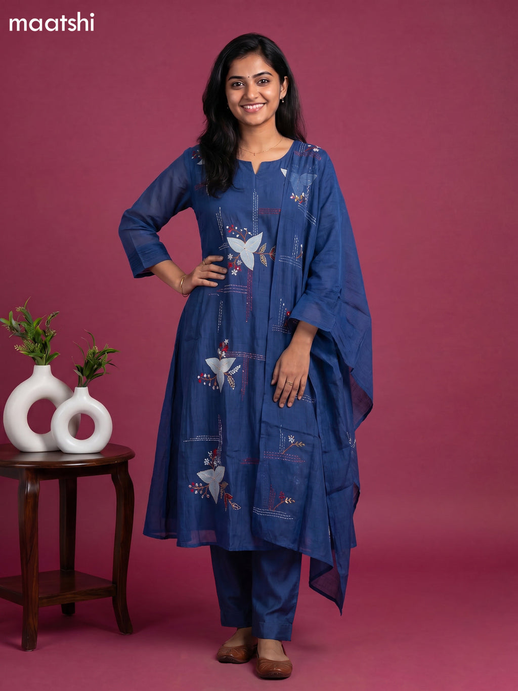 Navy Blue Mul Chanderi Embroidery Work Anarkali Suit