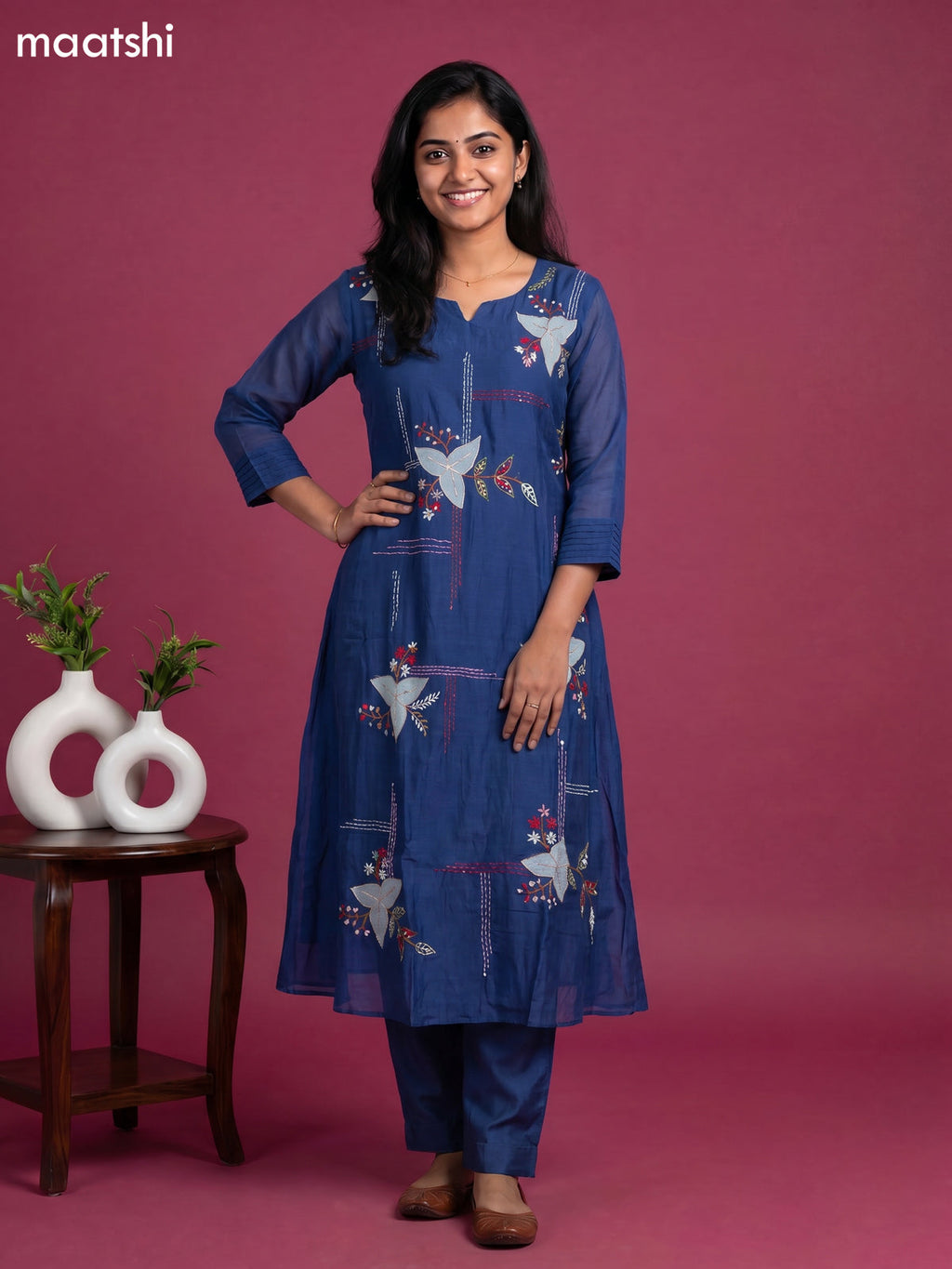 Navy Blue Mul Chanderi Embroidery Work Anarkali Suit