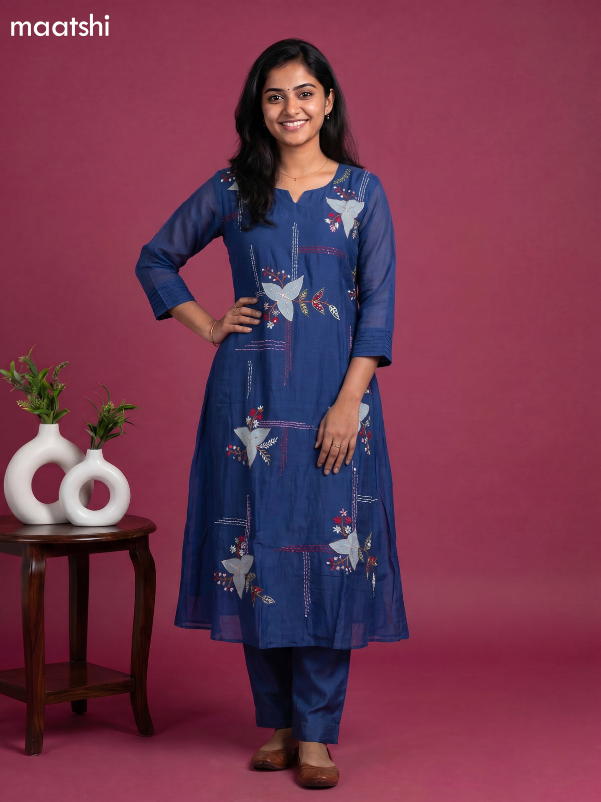 Navy Blue Mul Chanderi Embroidery Work Anarkali Suit