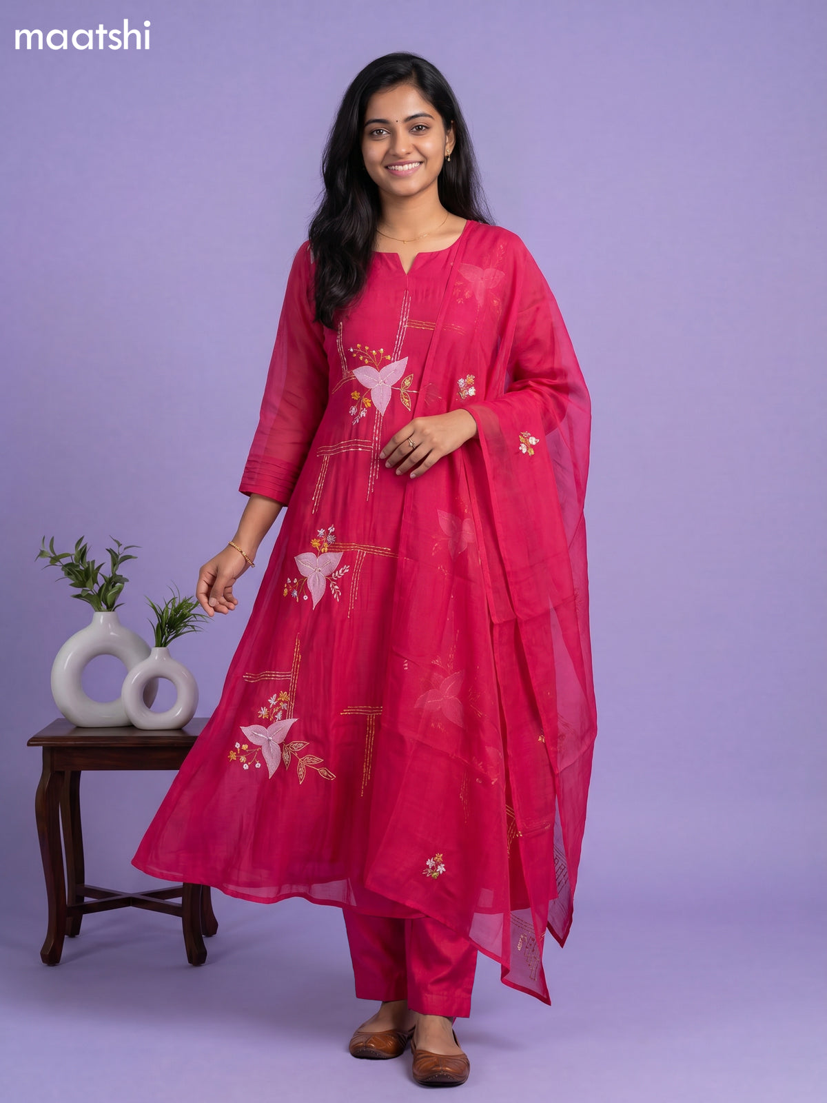 Rani Pink Mul Chanderi Embroidery Work Anarkali Suit