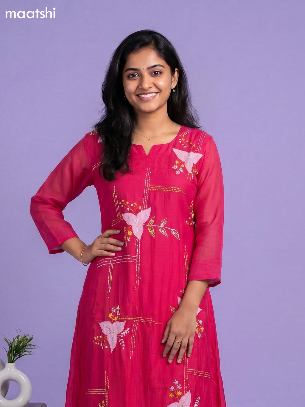 Rani Pink Mul Chanderi Embroidery Work Anarkali Suit
