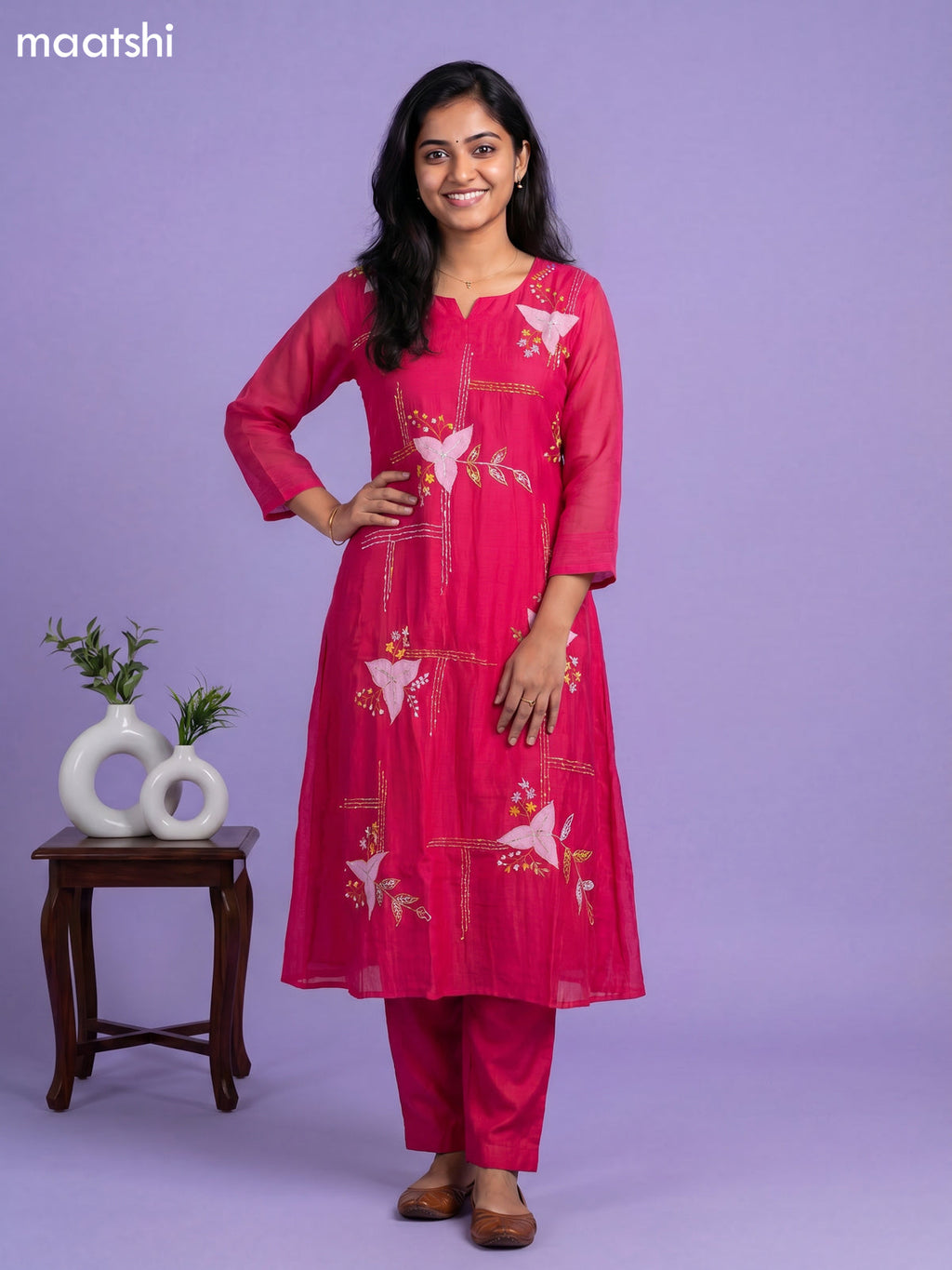 Rani Pink Mul Chanderi Embroidery Work Anarkali Suit