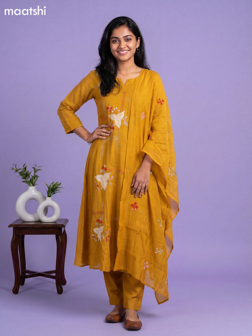 Mustard Yellow Mul Chanderi Embroidery Work Anarkali Suit