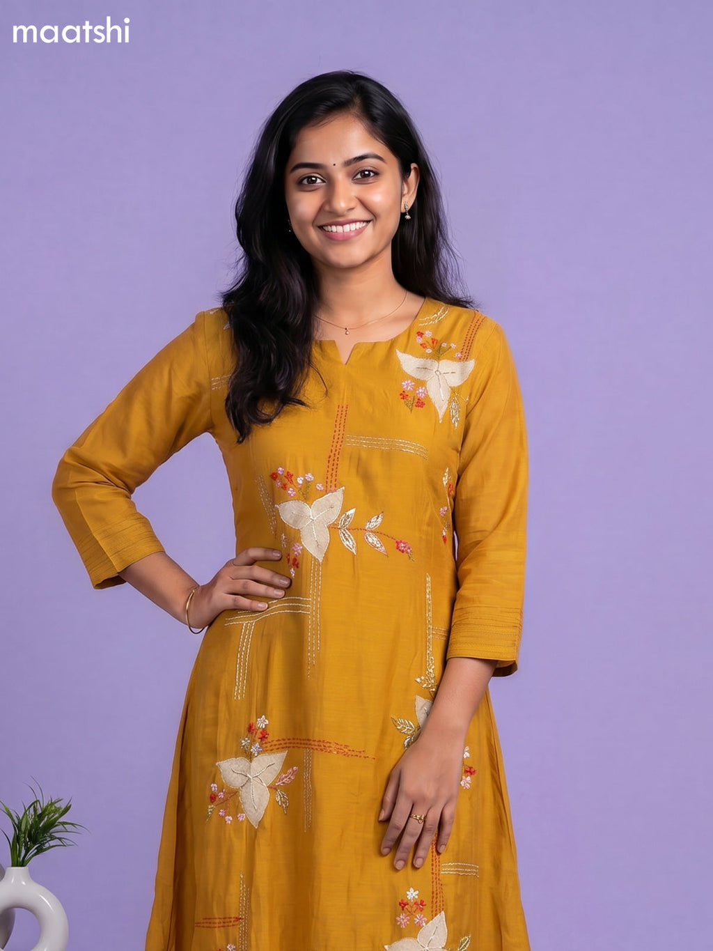 Mustard Yellow Mul Chanderi Embroidery Work Anarkali Suit