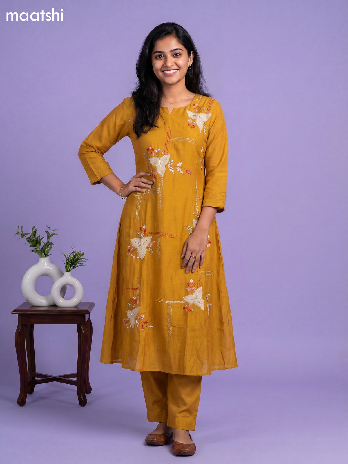 Mustard Yellow Mul Chanderi Embroidery Work Anarkali Suit