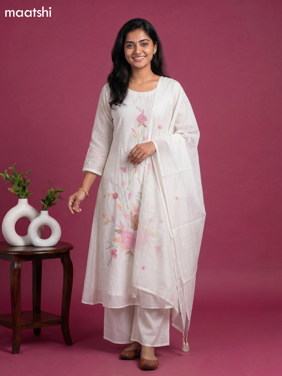 Off White Chanderi Embroidery Work Anarkali Suit