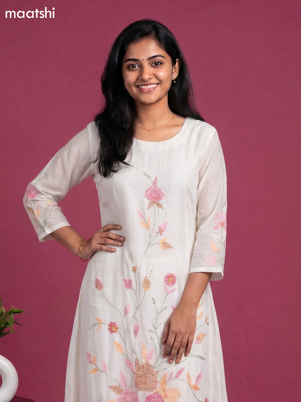 Off White Chanderi Embroidery Work Anarkali Suit