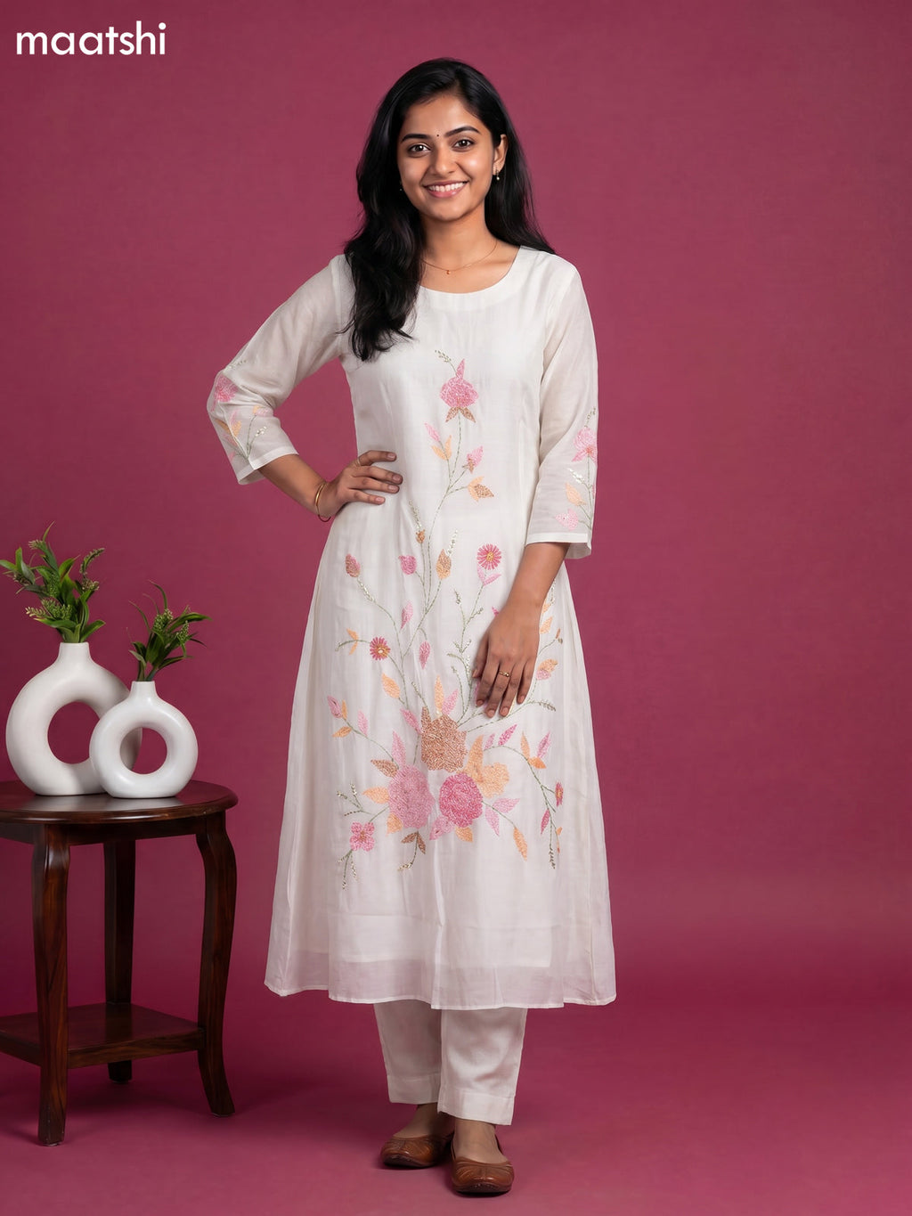 Off White Chanderi Embroidery Work Anarkali Suit