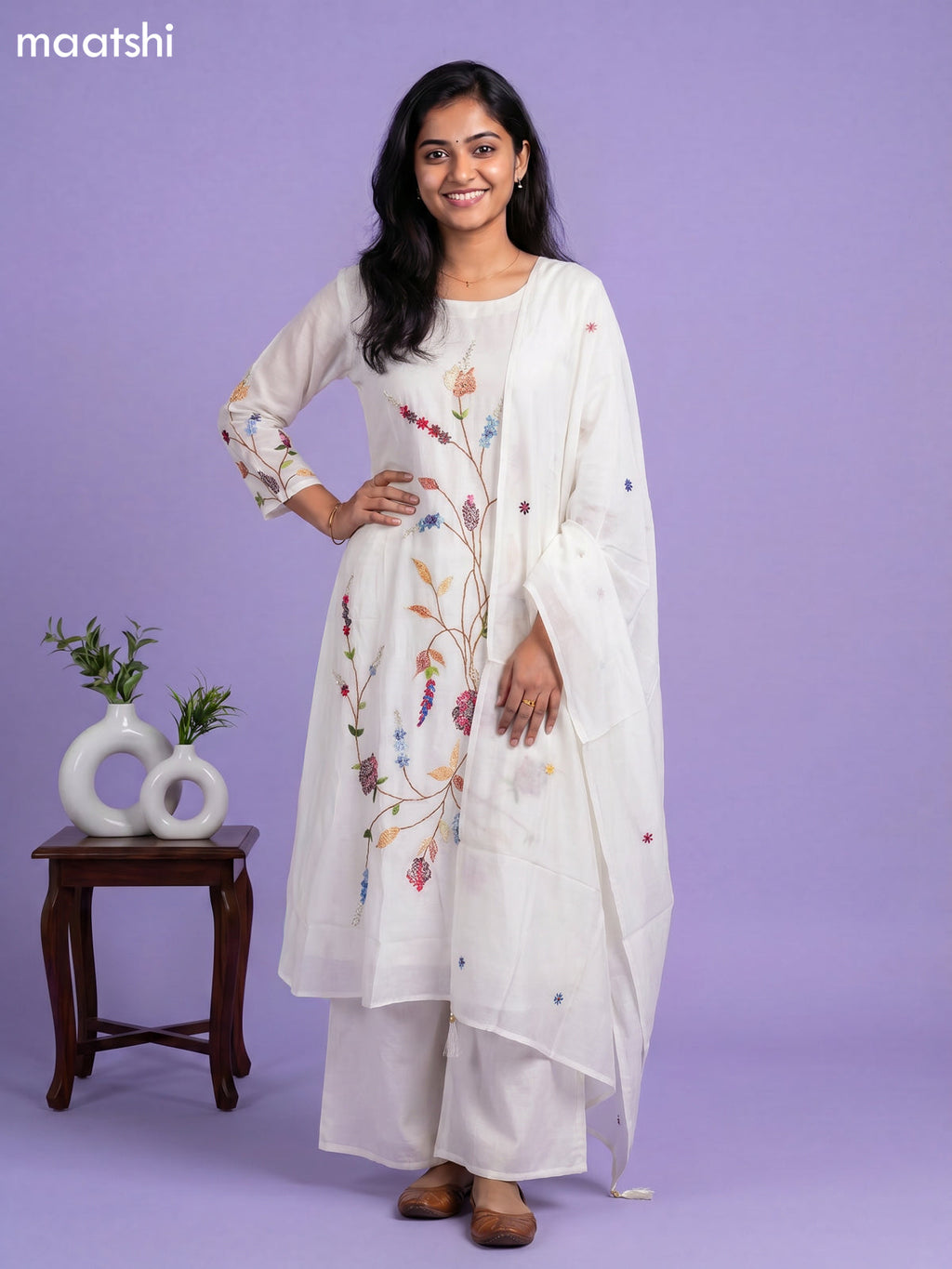 Off White Chanderi Embroidery Work Anarkali Suit