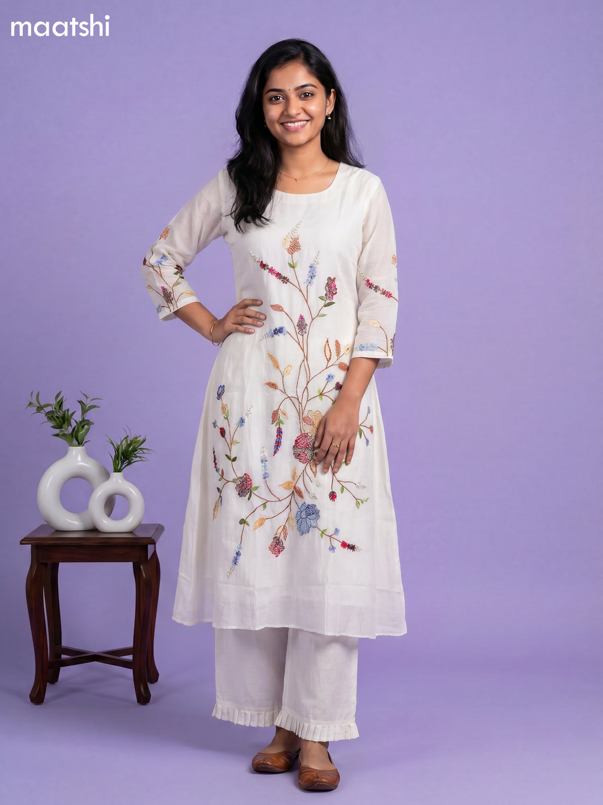 Off White Chanderi Embroidery Work Anarkali Suit