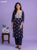 Navy Blue and Off White Cotton Embroidery Work Kurti Set