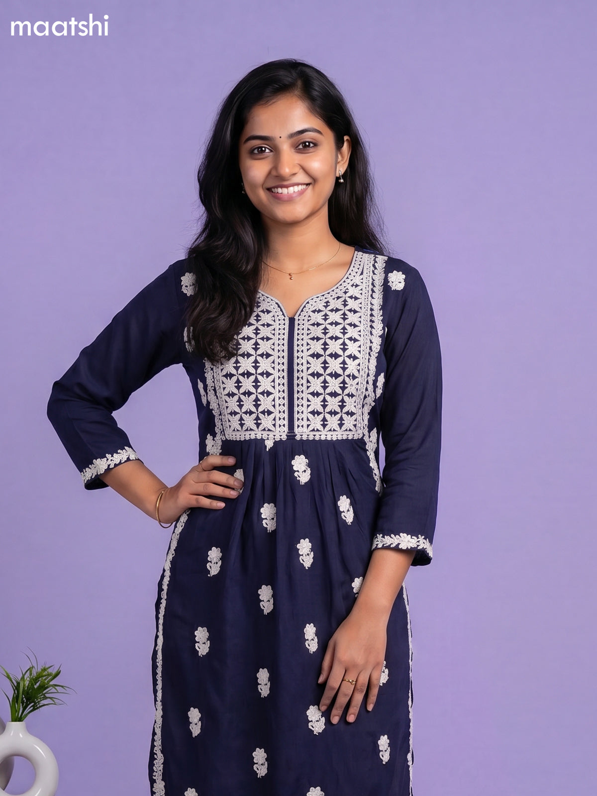 Navy Blue and Off White Cotton Embroidery Work Kurti Set