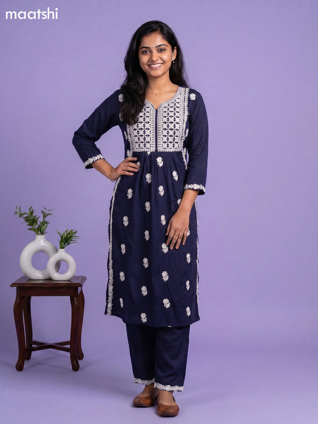 Navy Blue and Off White Cotton Embroidery Work Kurti Set