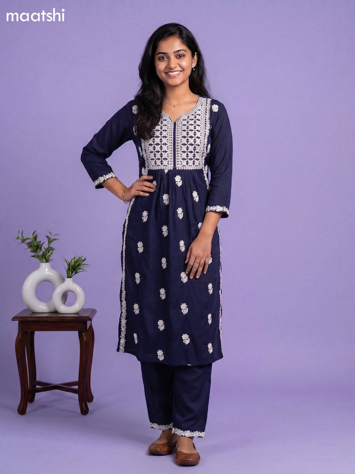 Navy Blue and Off White Cotton Embroidery Work Kurti Set