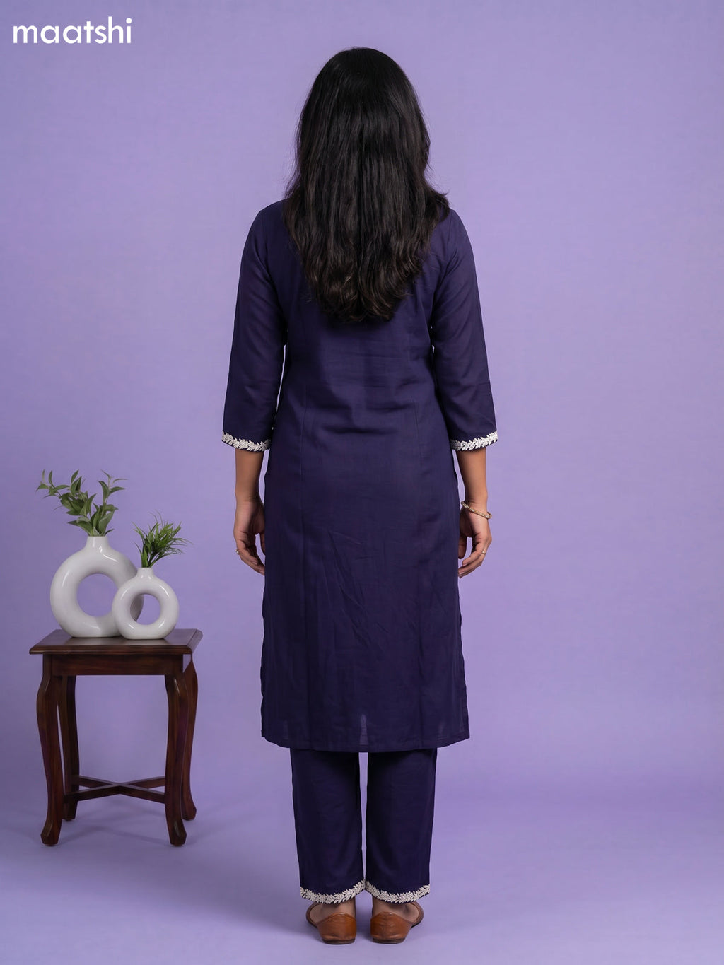 Navy Blue and Off White Cotton Embroidery Work Kurti Set