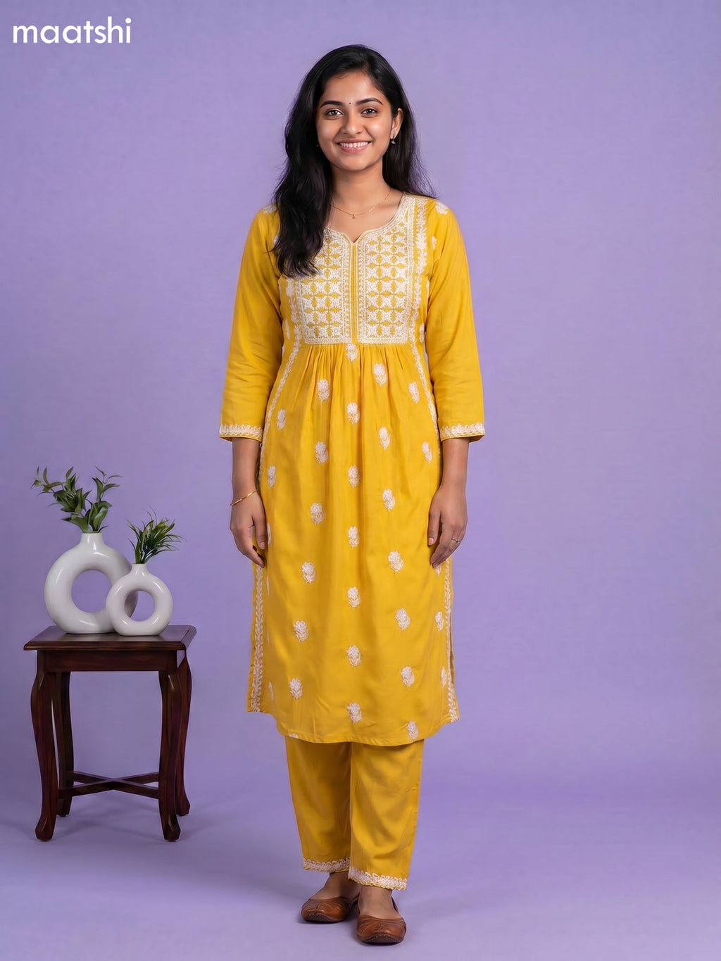 Yellow and Off White Cotton Embroidery Work Kurti Set