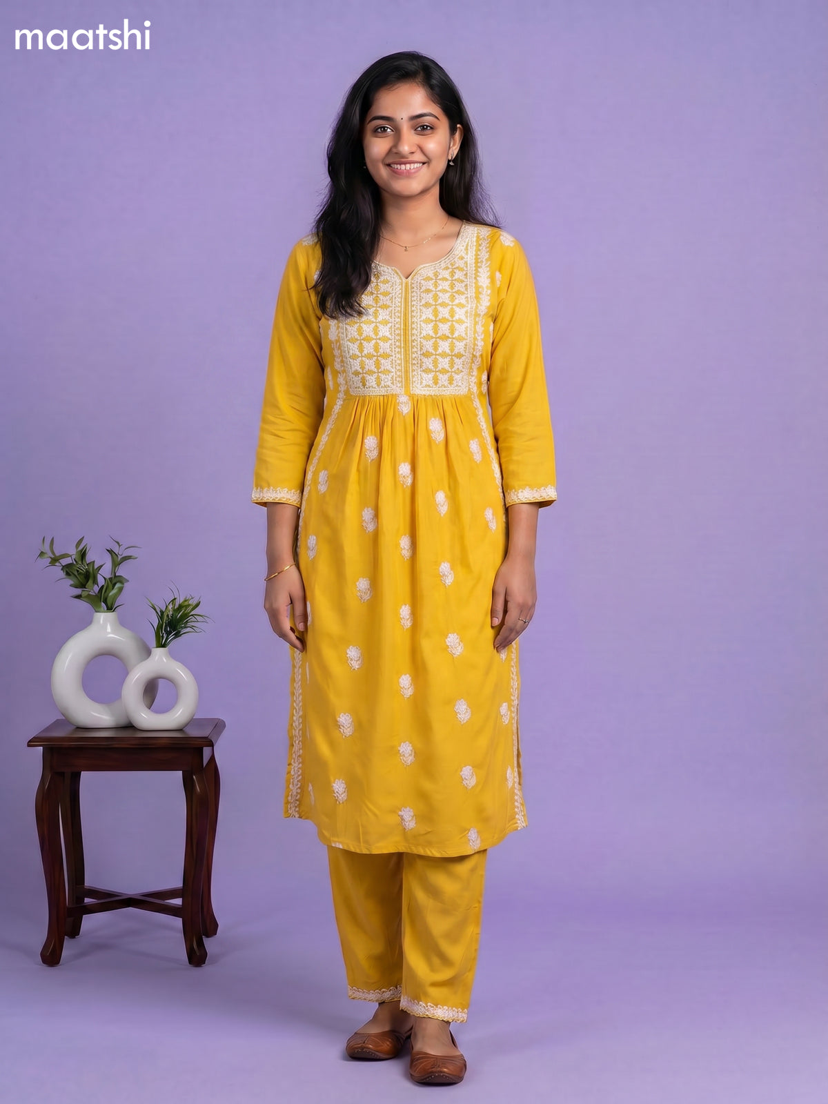 Yellow and Off White Cotton Embroidery Work Kurti Set