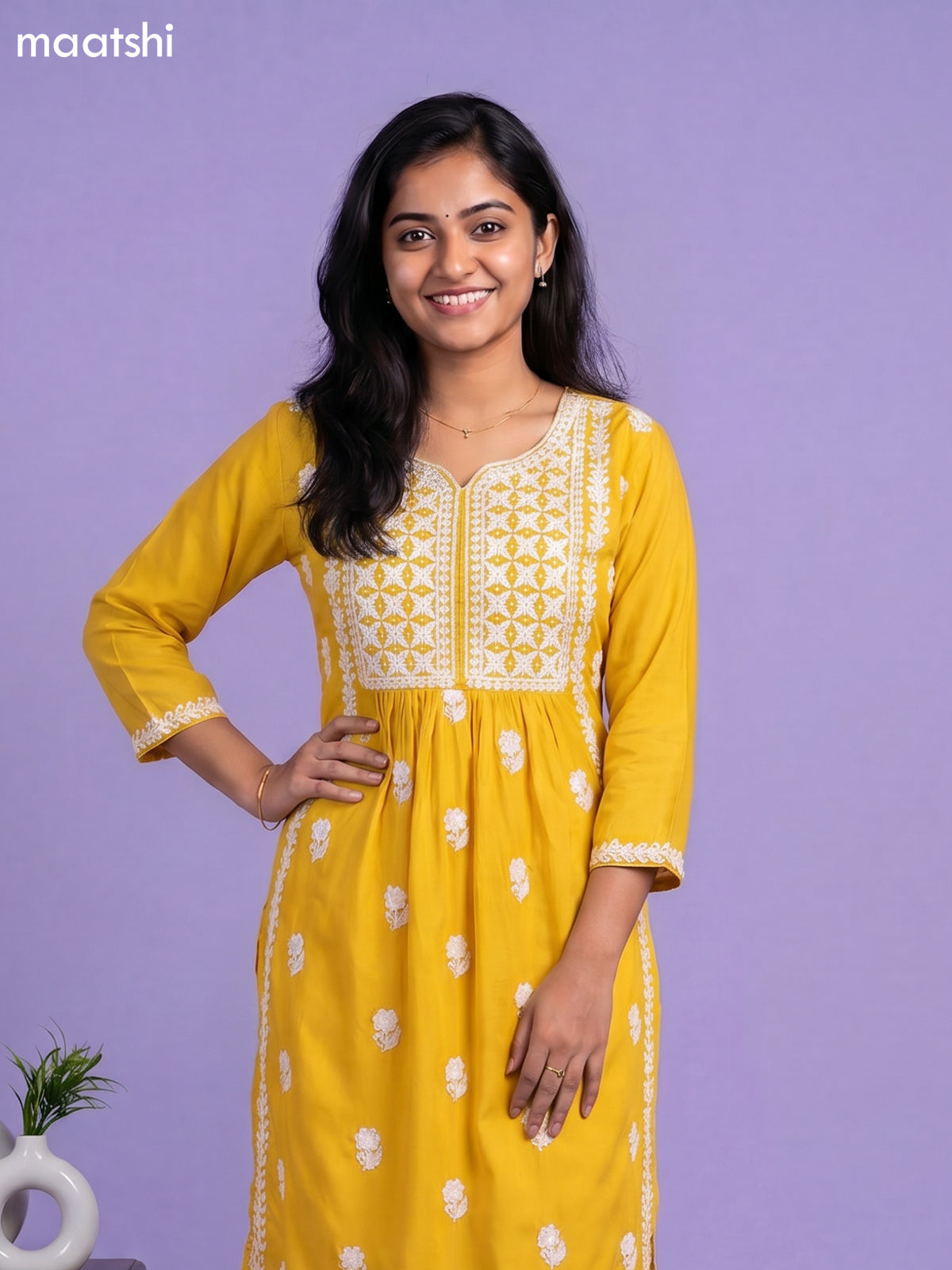 Yellow and Off White Cotton Embroidery Work Kurti Set