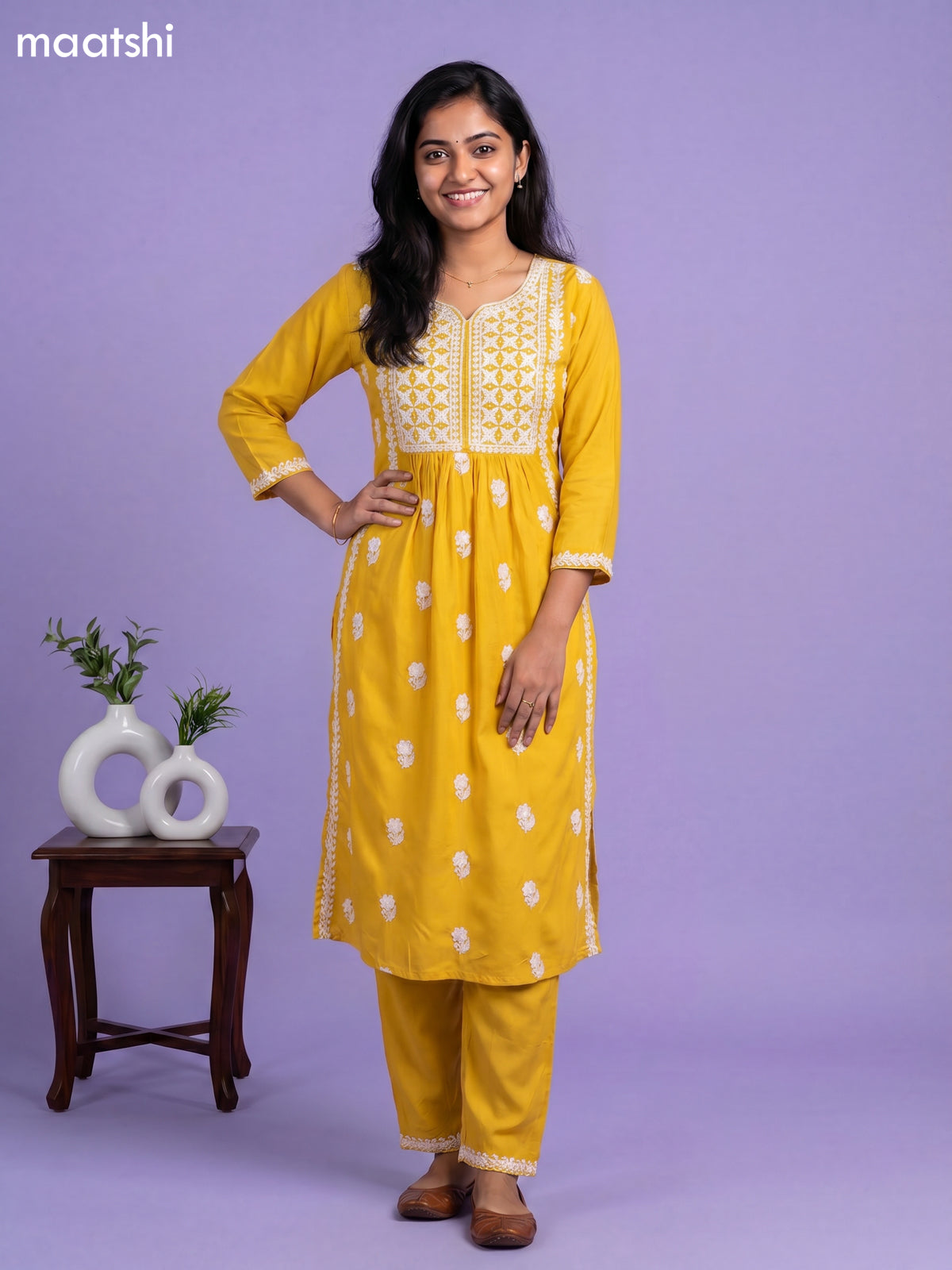 Yellow and Off White Cotton Embroidery Work Kurti Set