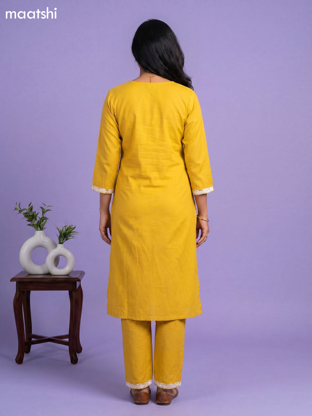 Yellow and Off White Cotton Embroidery Work Kurti Set