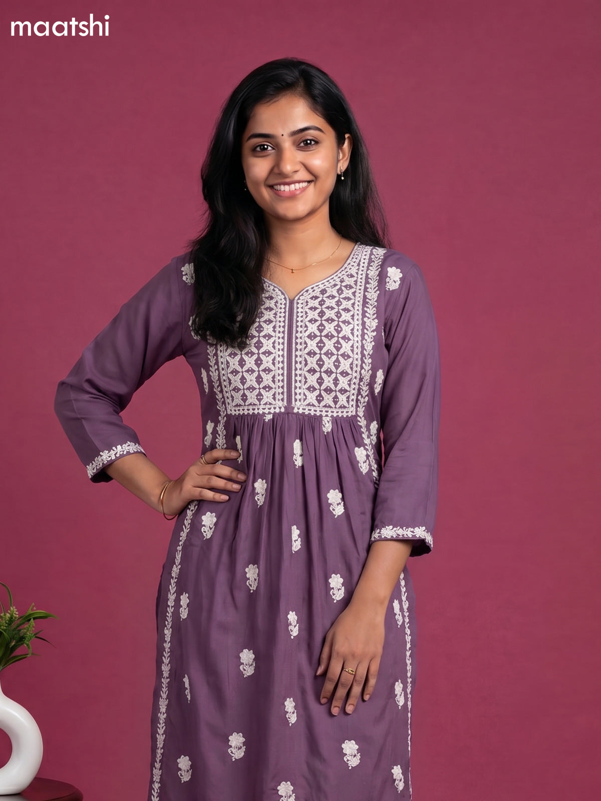 Patel Purple and Off White Cotton Embroidery Work Kurti Set