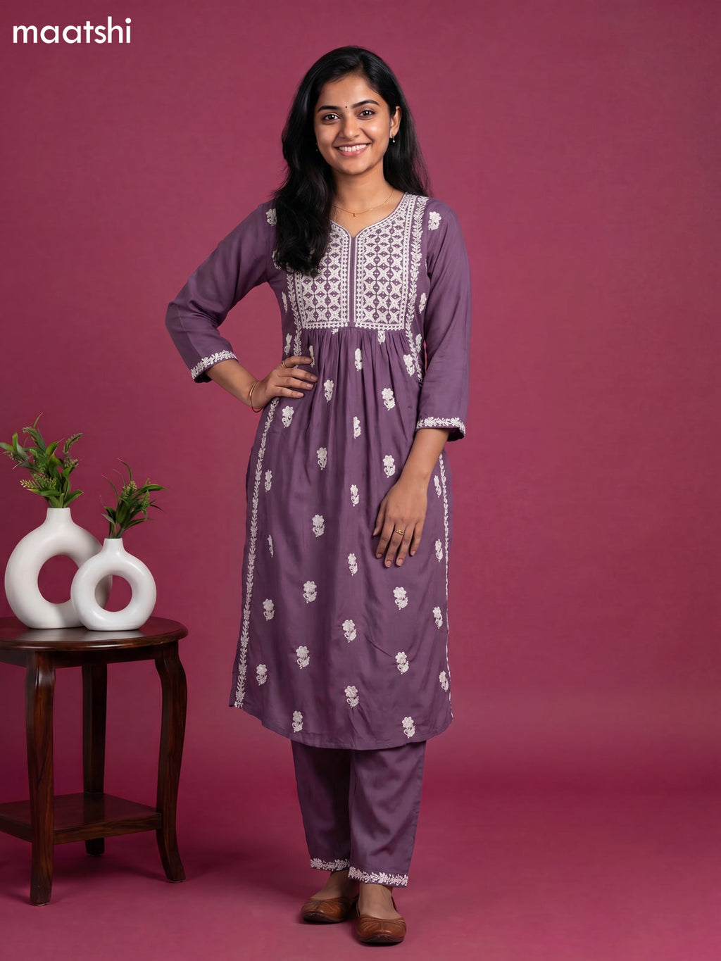 Patel Purple and Off White Cotton Embroidery Work Kurti Set