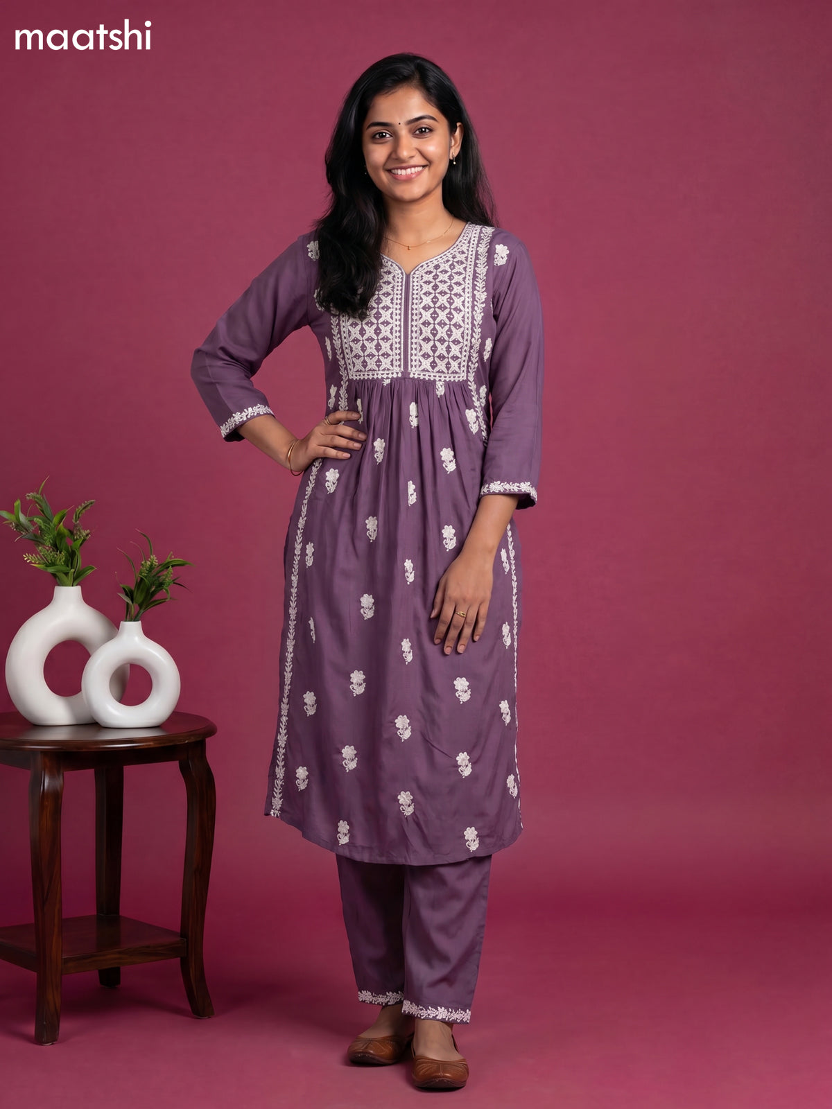 Patel Purple and Off White Cotton Embroidery Work Kurti Set