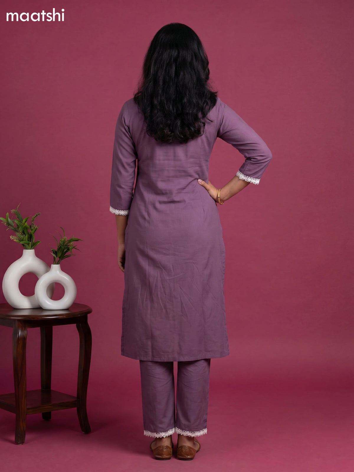 Patel Purple and Off White Cotton Embroidery Work Kurti Set