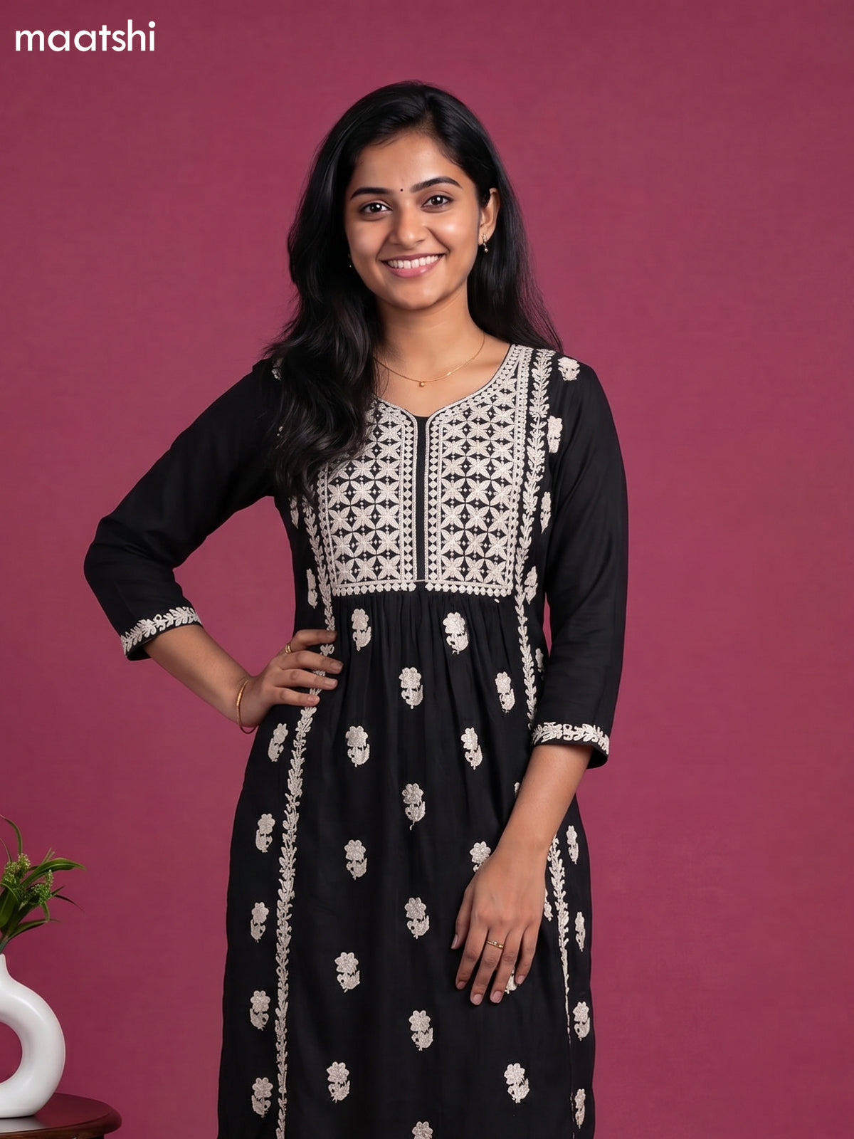 Black and Off White Cotton Embroidery Work Kurti Set