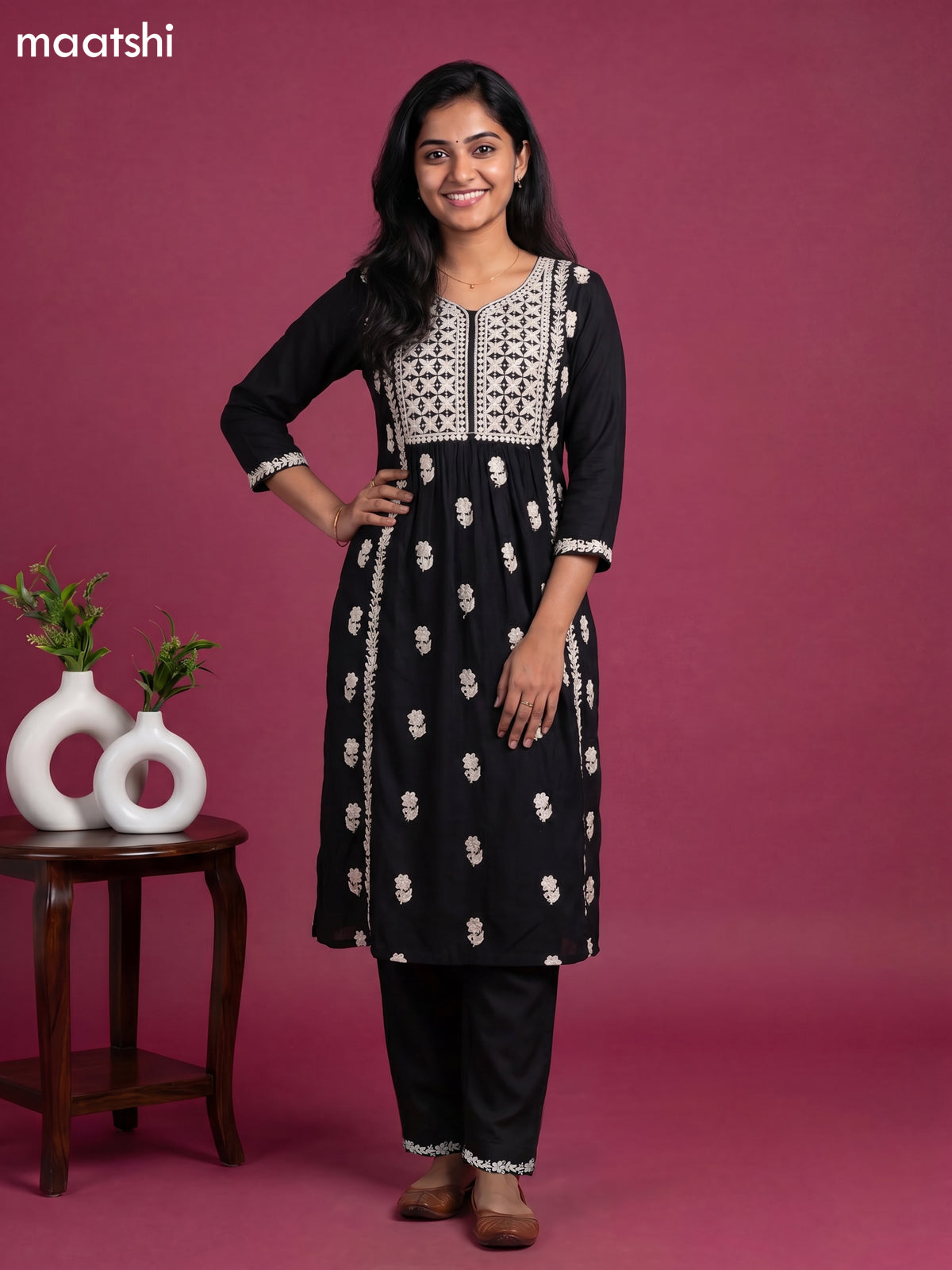 Black and Off White Cotton Embroidery Work Kurti Set