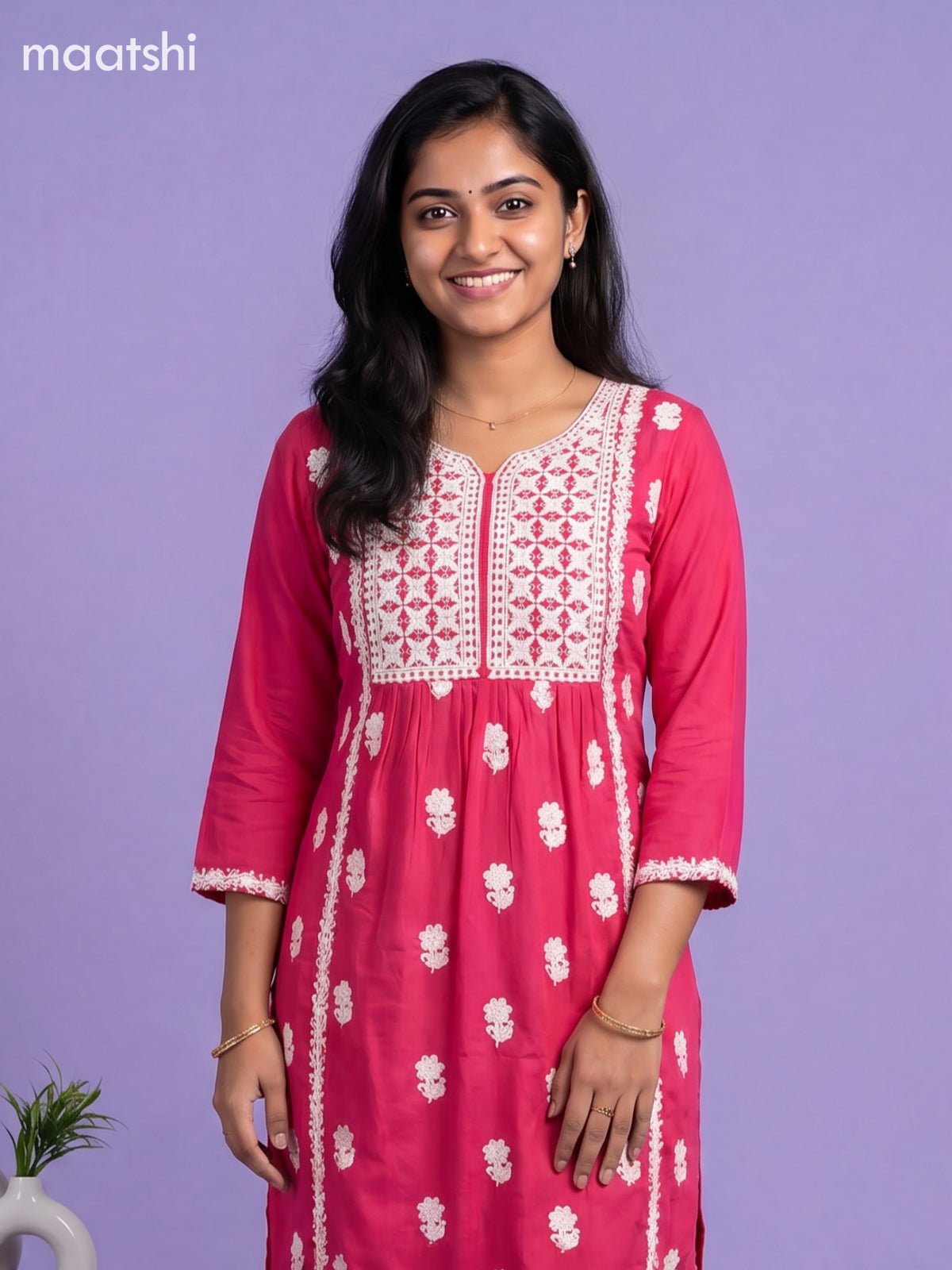 Pink Cotton Embroidery Work Kurti Set