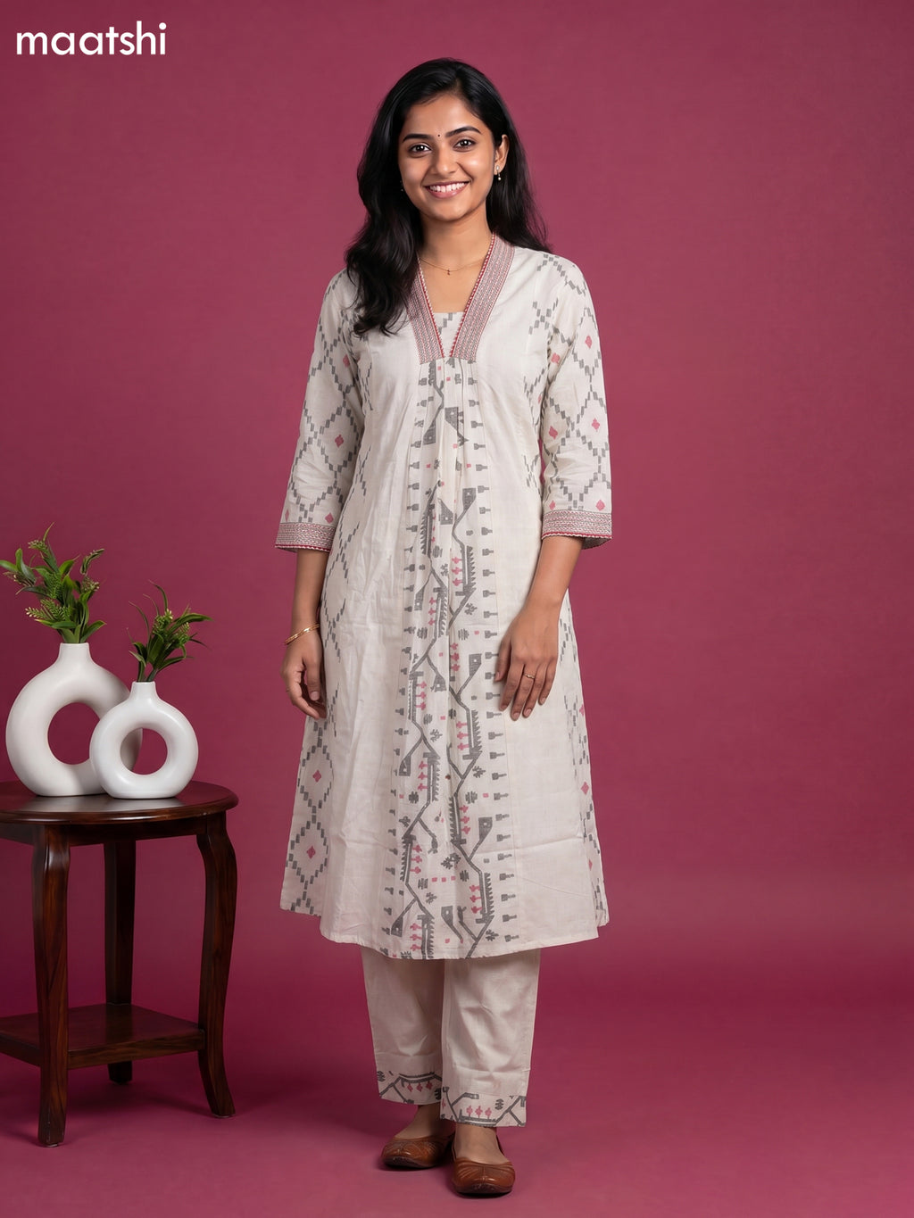 Off White Cotton Printed Embroidery Work Kurti Set