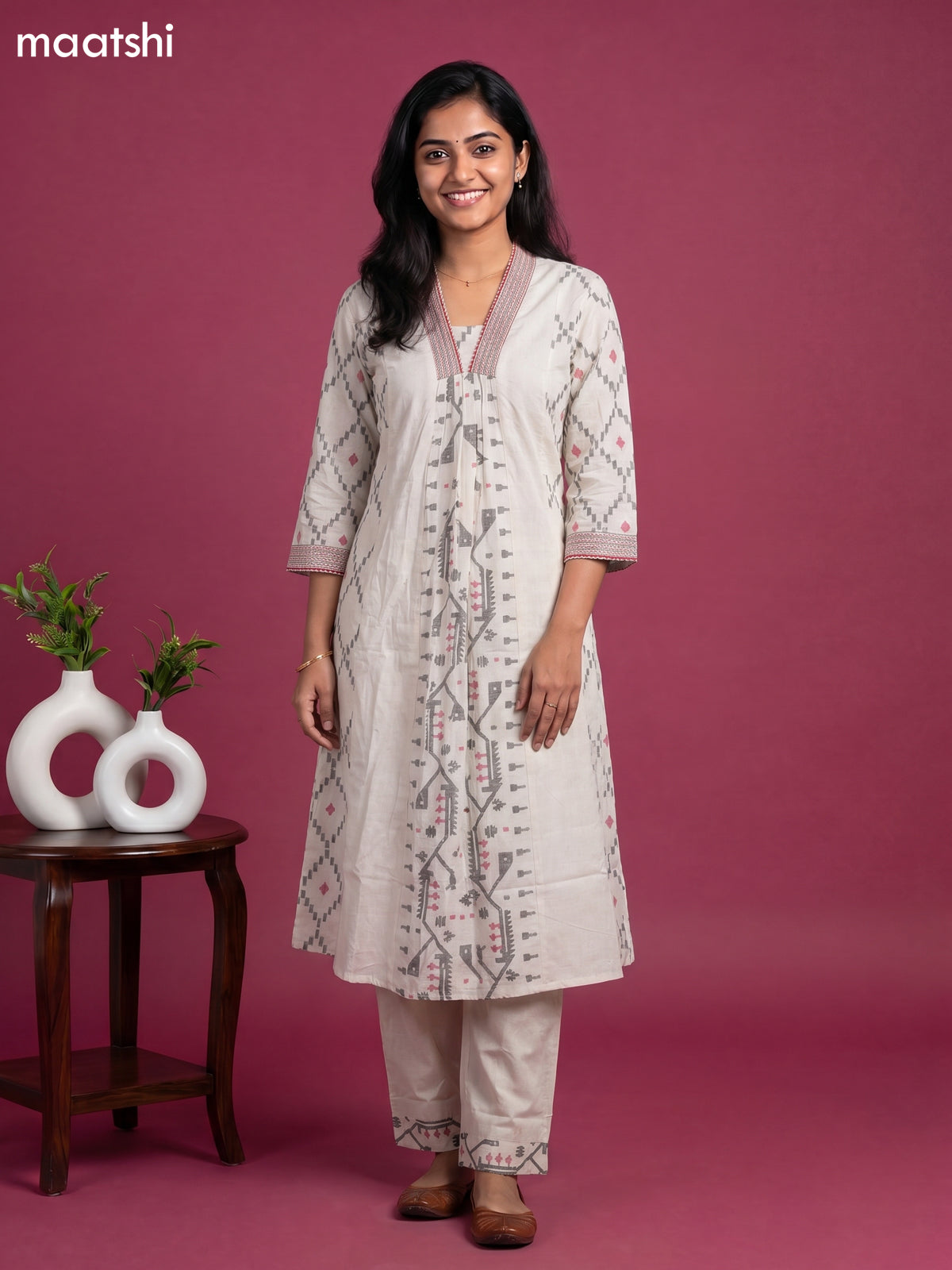 Off White Cotton Printed Embroidery Work Kurti Set