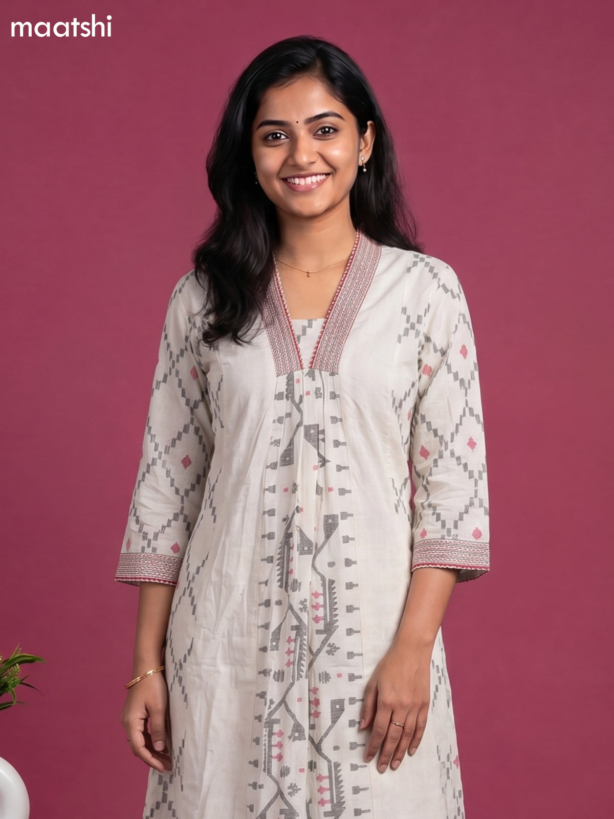 Off White Cotton Printed Embroidery Work Kurti Set
