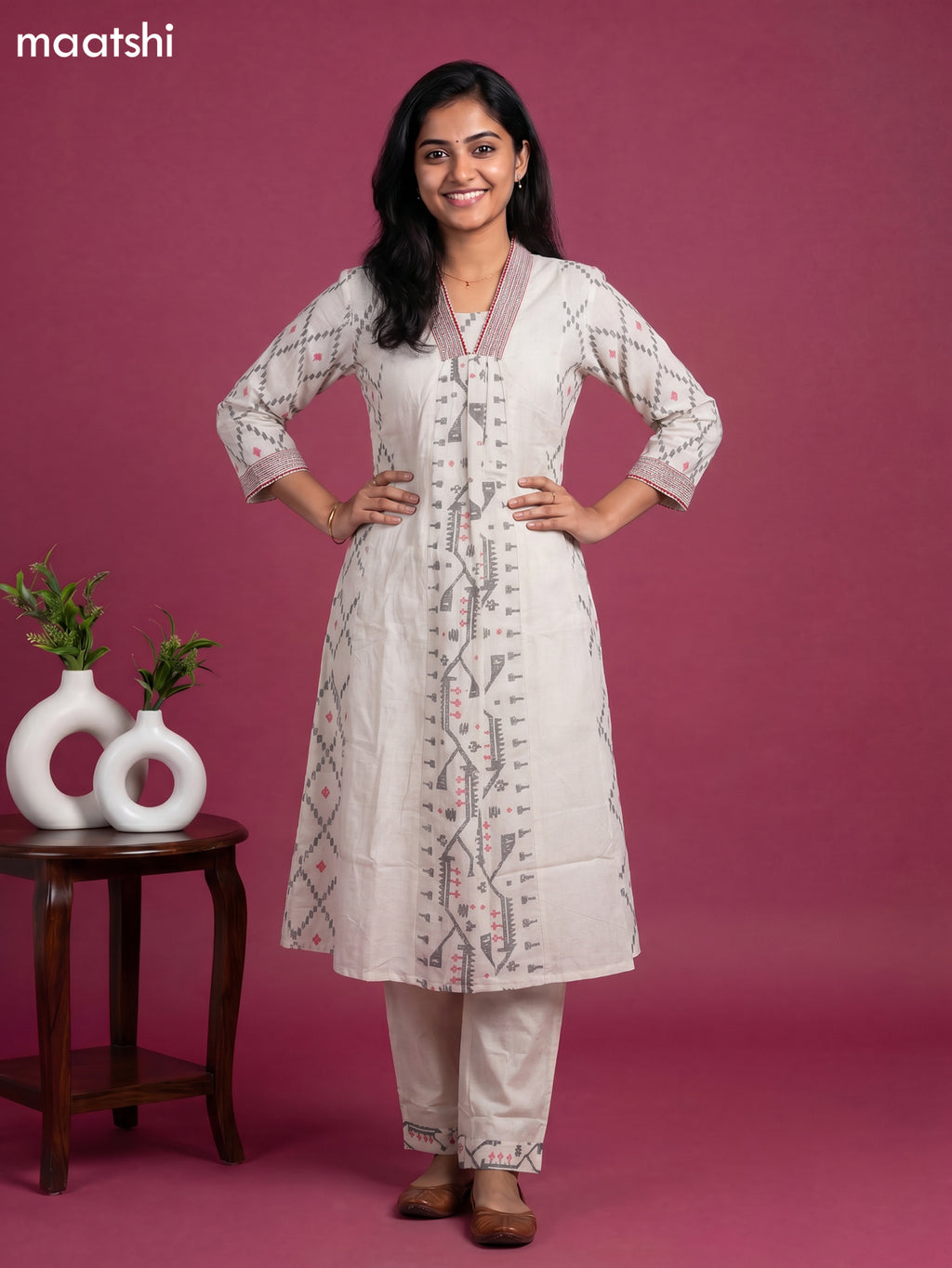 Off White Cotton Printed Embroidery Work Kurti Set