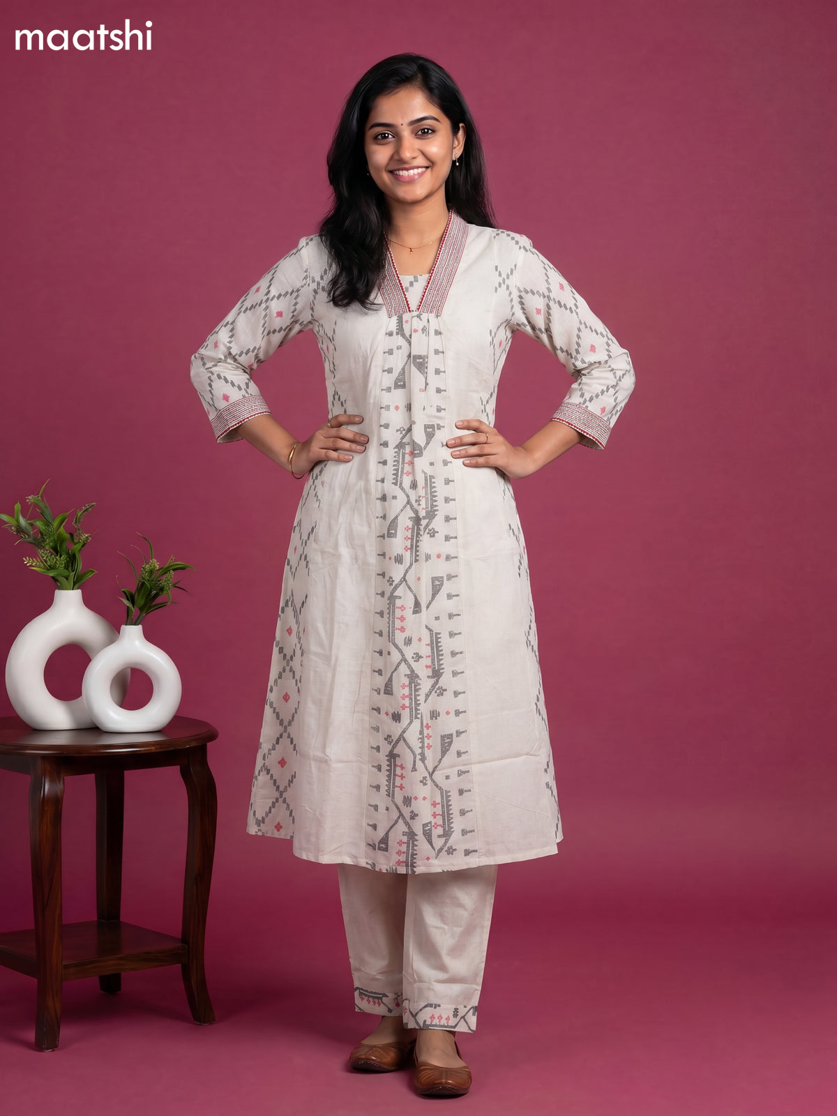 Off White Cotton Printed Embroidery Work Kurti Set