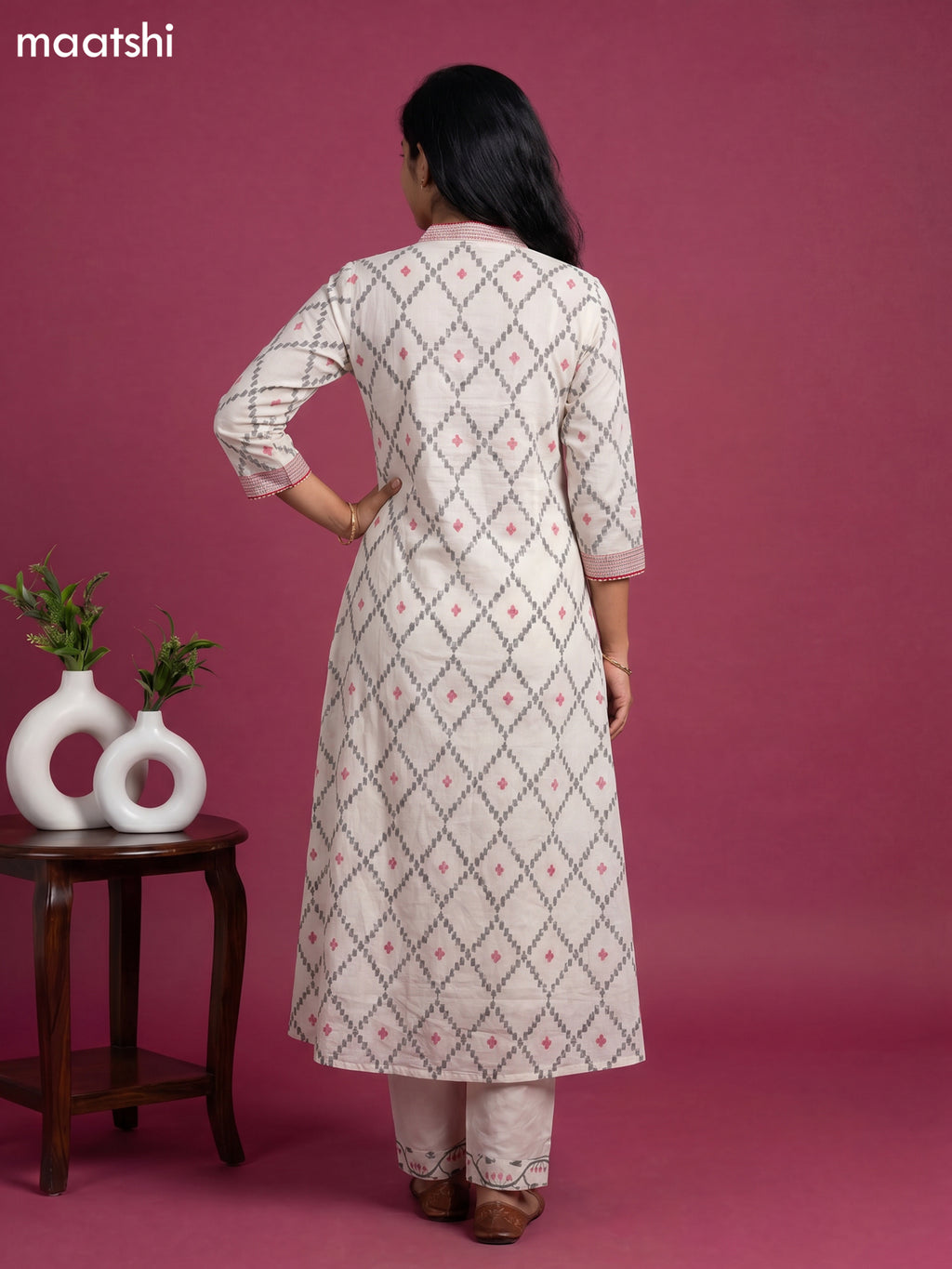 Off White Cotton Printed Embroidery Work Kurti Set