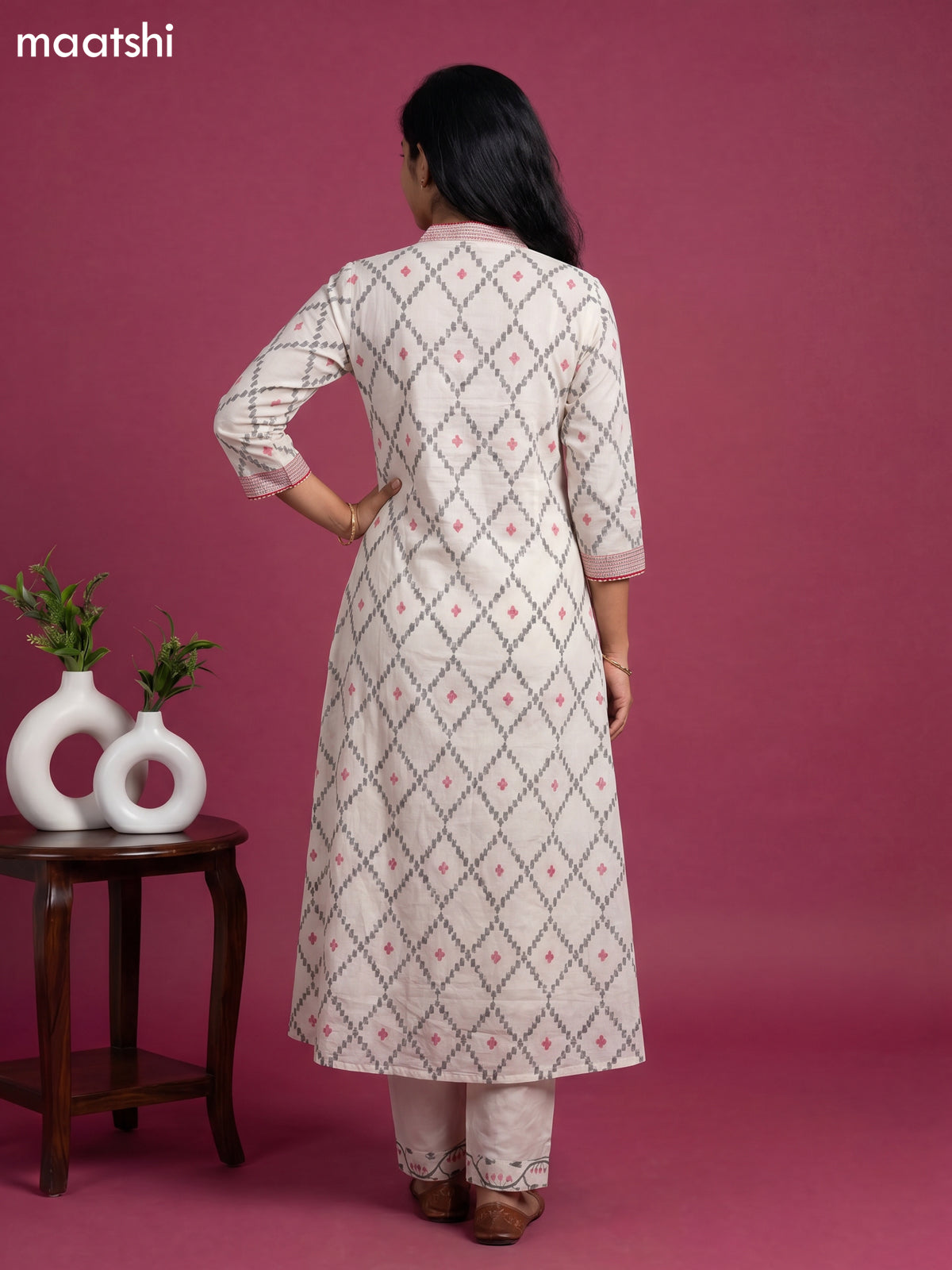 Off White Cotton Printed Embroidery Work Kurti Set