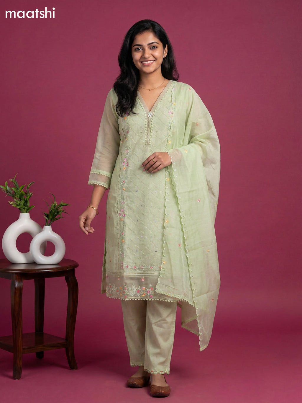 Pista Green Mul Chanderi Embroidery Work Kurti Set