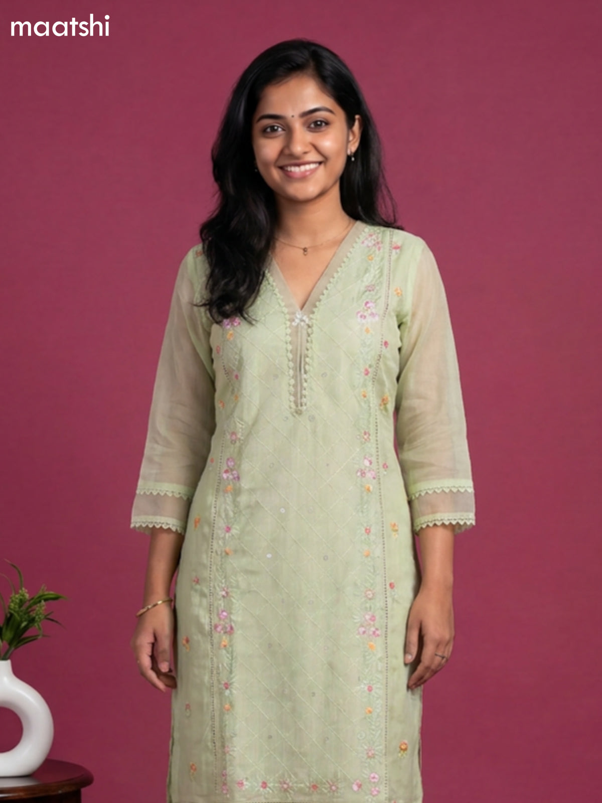 Pista Green Mul Chanderi Embroidery Work Kurti Set
