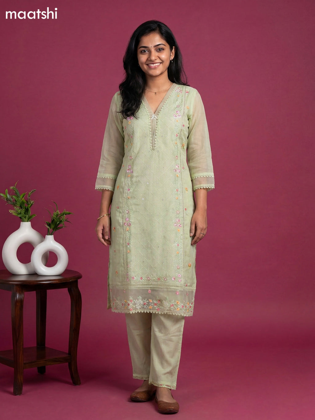 Pista Green Mul Chanderi Embroidery Work Kurti Set