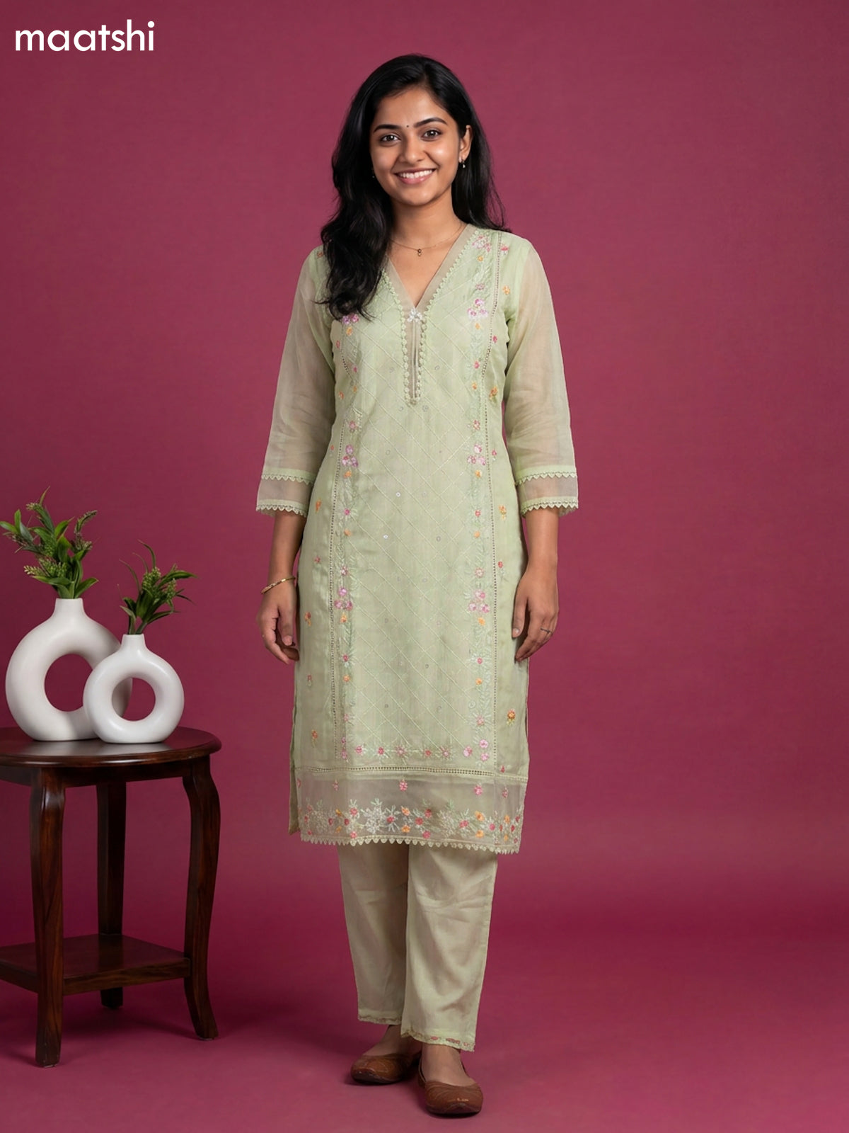Pista Green Mul Chanderi Embroidery Work Kurti Set
