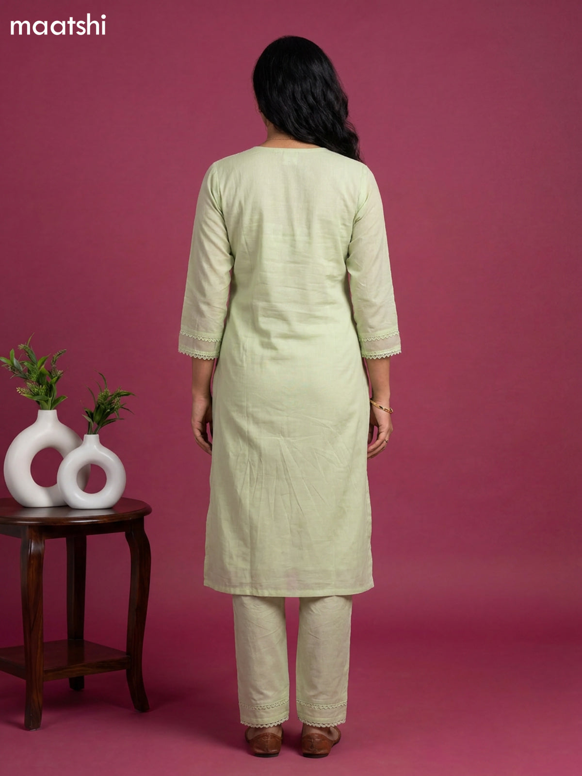 Pista Green Mul Chanderi Embroidery Work Kurti Set