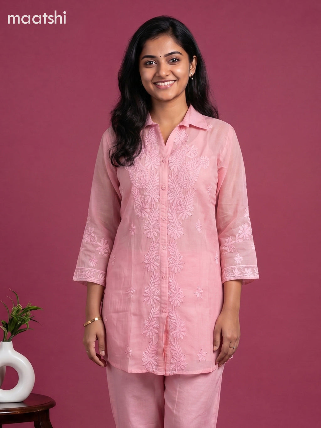 Pink Mul Chanderi Embroidery Work Short Co-Ord Set