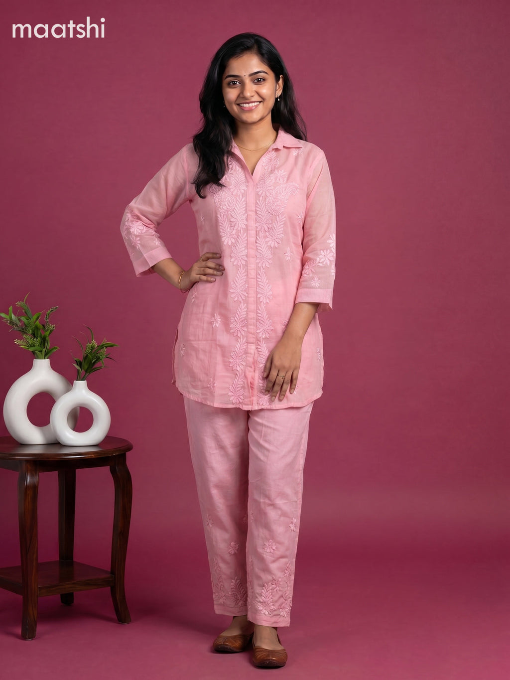 Pink Mul Chanderi Embroidery Work Short Co-Ord Set